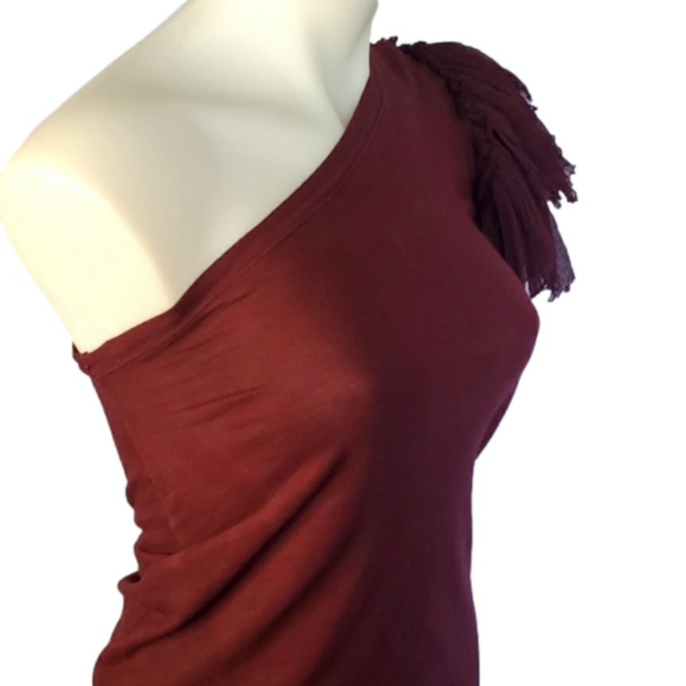 One shoulder assymetrical burgundy merlot red ruffle puff sleeve shirt